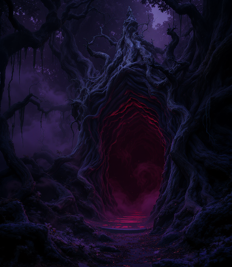 Dark, mystical forest with a glowing red portal in the center