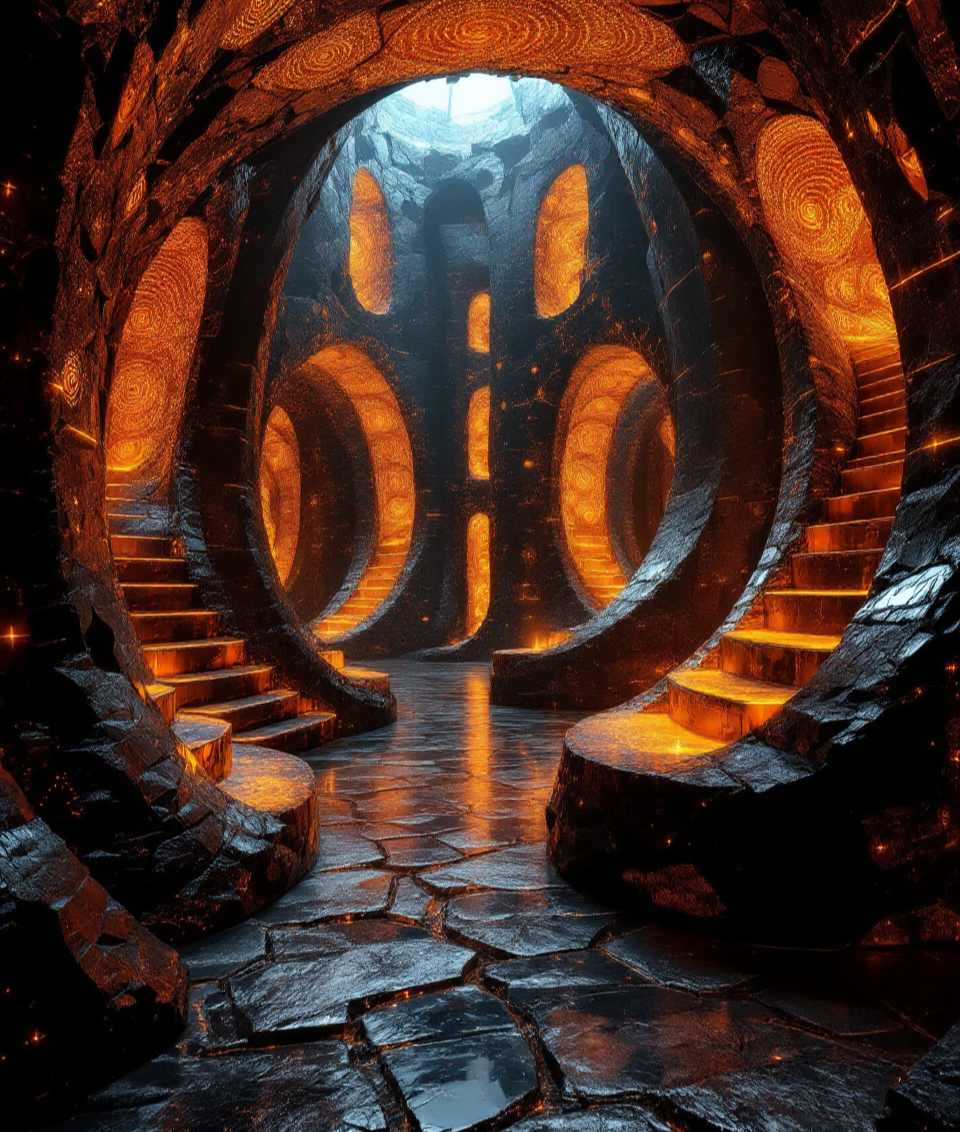 Obsidian halls with glowing circular symbols and stone steps.