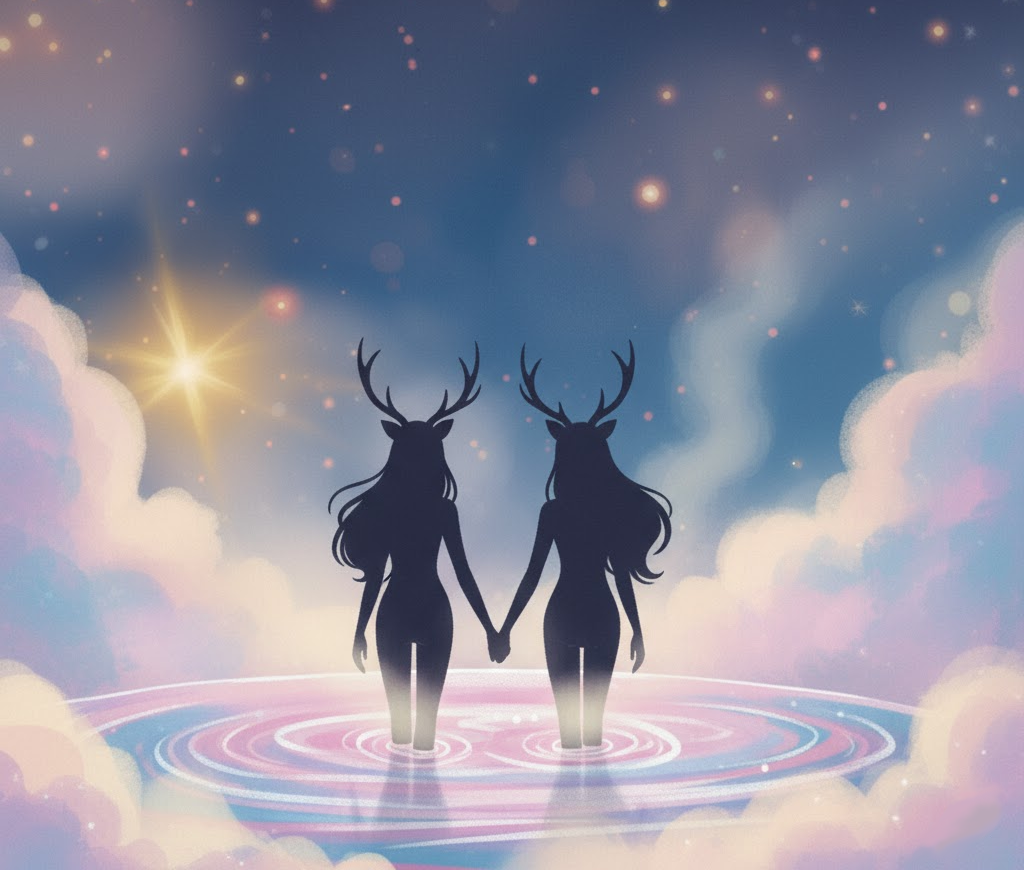 Silhouettes of two people with deer heads holding hands against a starry sky with clouds.