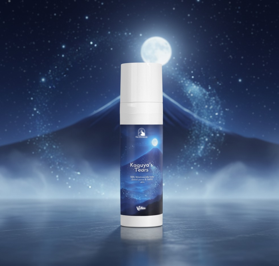 Cosmetic bottle labeled 'Kaguya's Tears' against a mystical night sky with moon and stars.