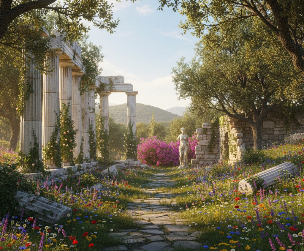 Ancient ruins with a stone path and flowers in a lush green setting