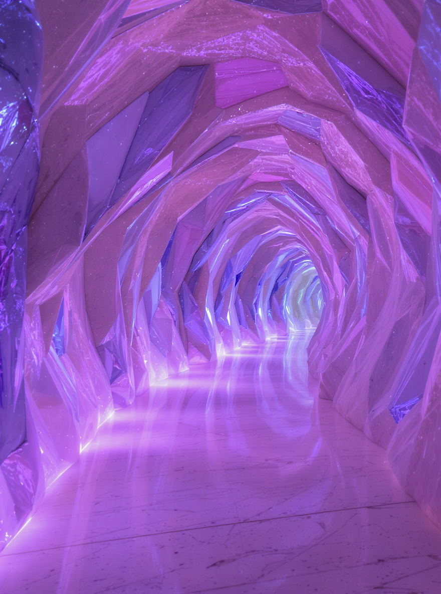 Vibrant purple and pink tunnel with wavy patterns