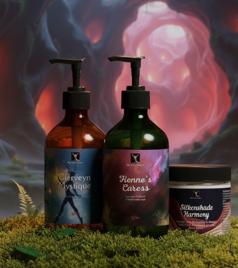 Three cosmetic bottles with pump dispensers on a grassy surface with a mystical background.
