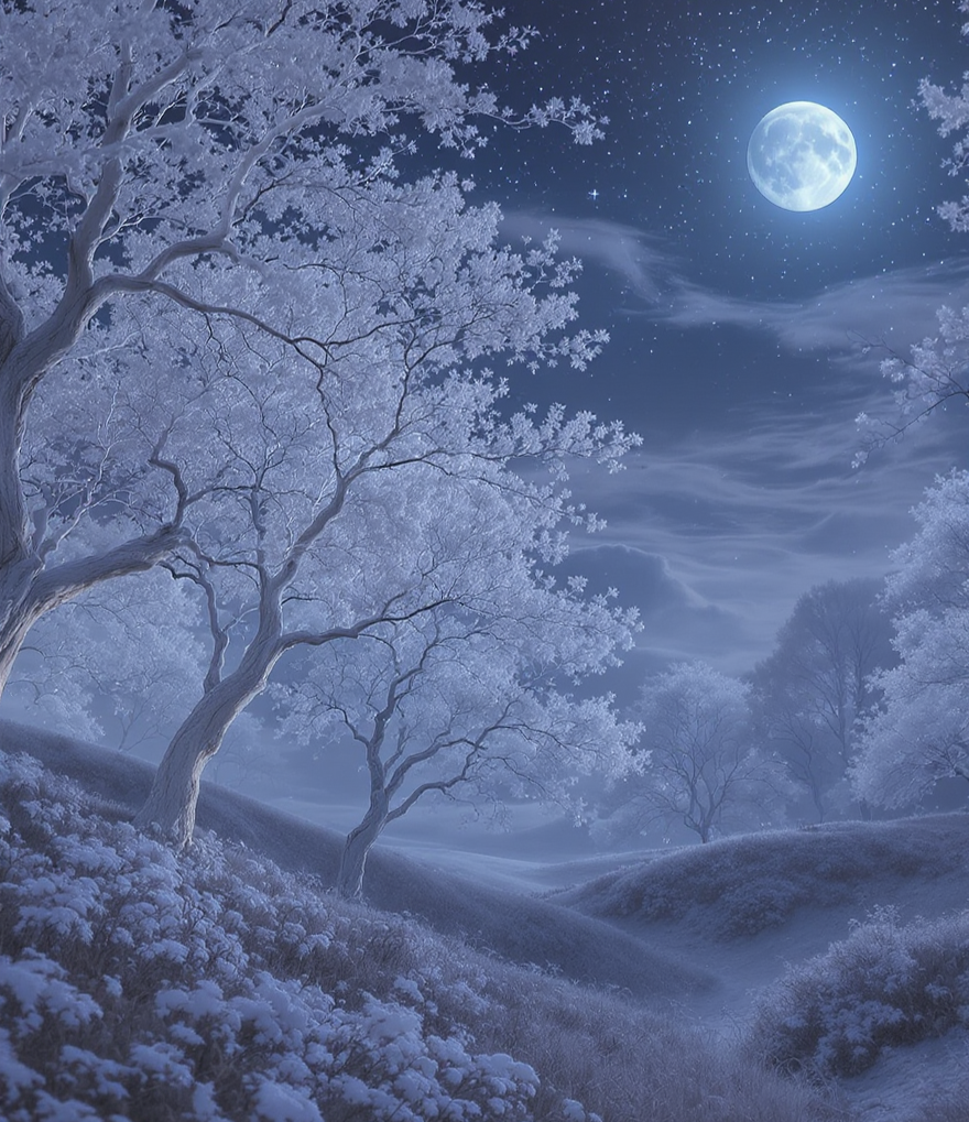 moonvale view with full moon and white trees