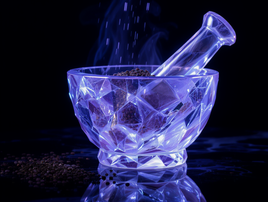 Glass mortar and pestle with glowing blue light on a dark background