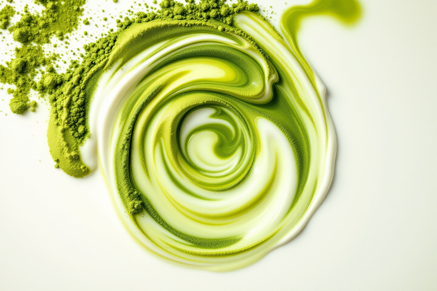 Swirl of green matcha cream with matcha powder on a white background
