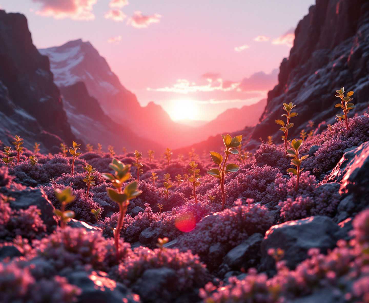 Mountain landscape with pink sunset and plants in the foreground