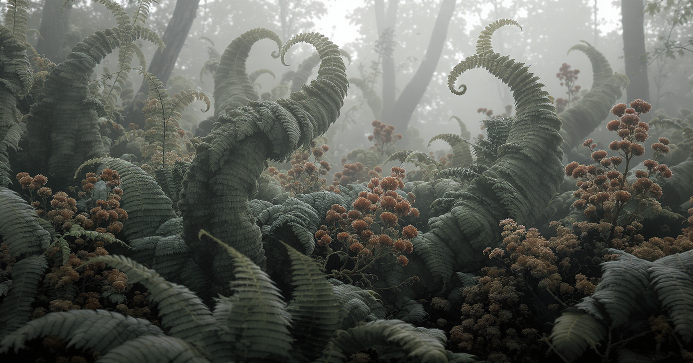 Foggy fantasy forest scene with large ferns and trees