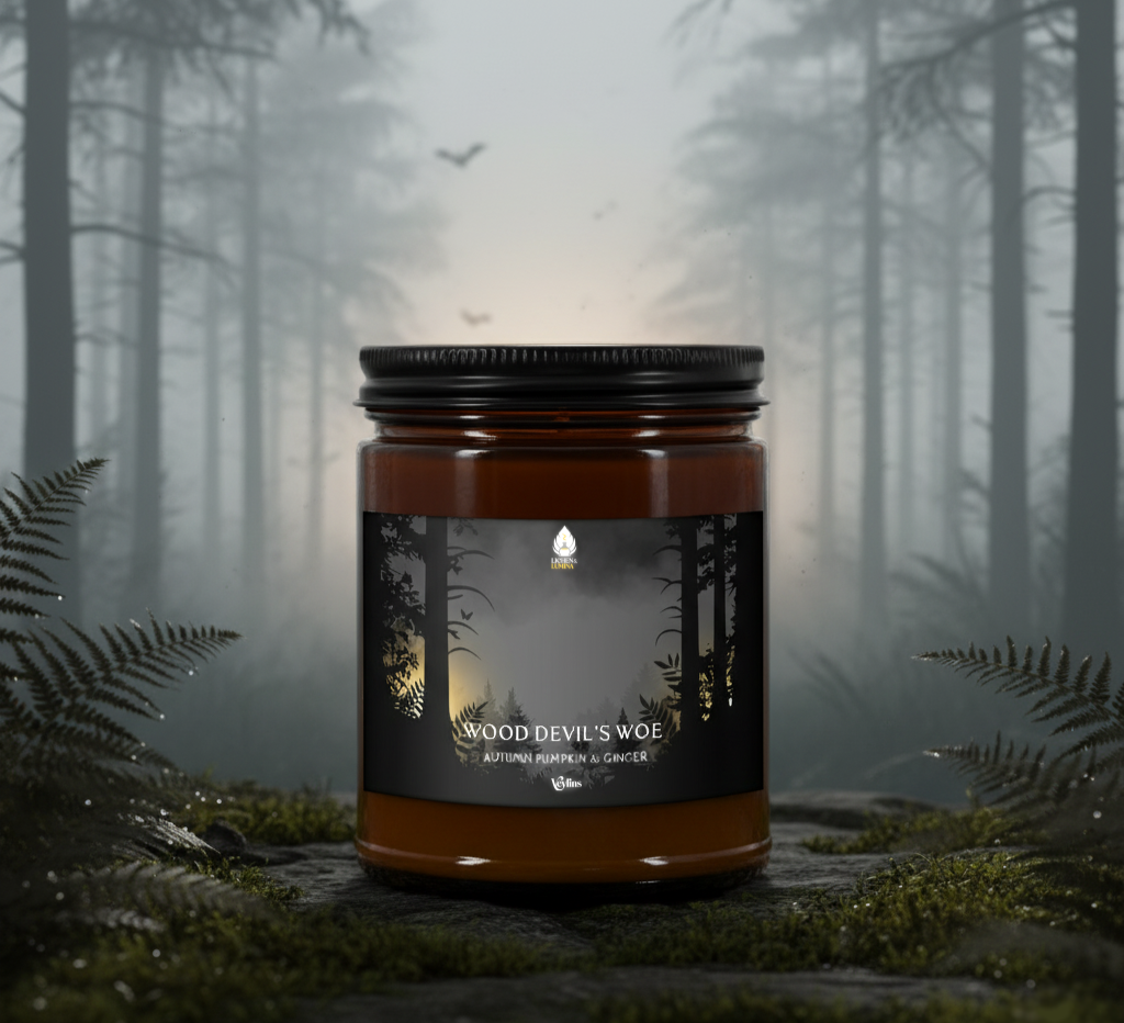 Candle labeled 'Wood Devil's Woe' in a forest setting