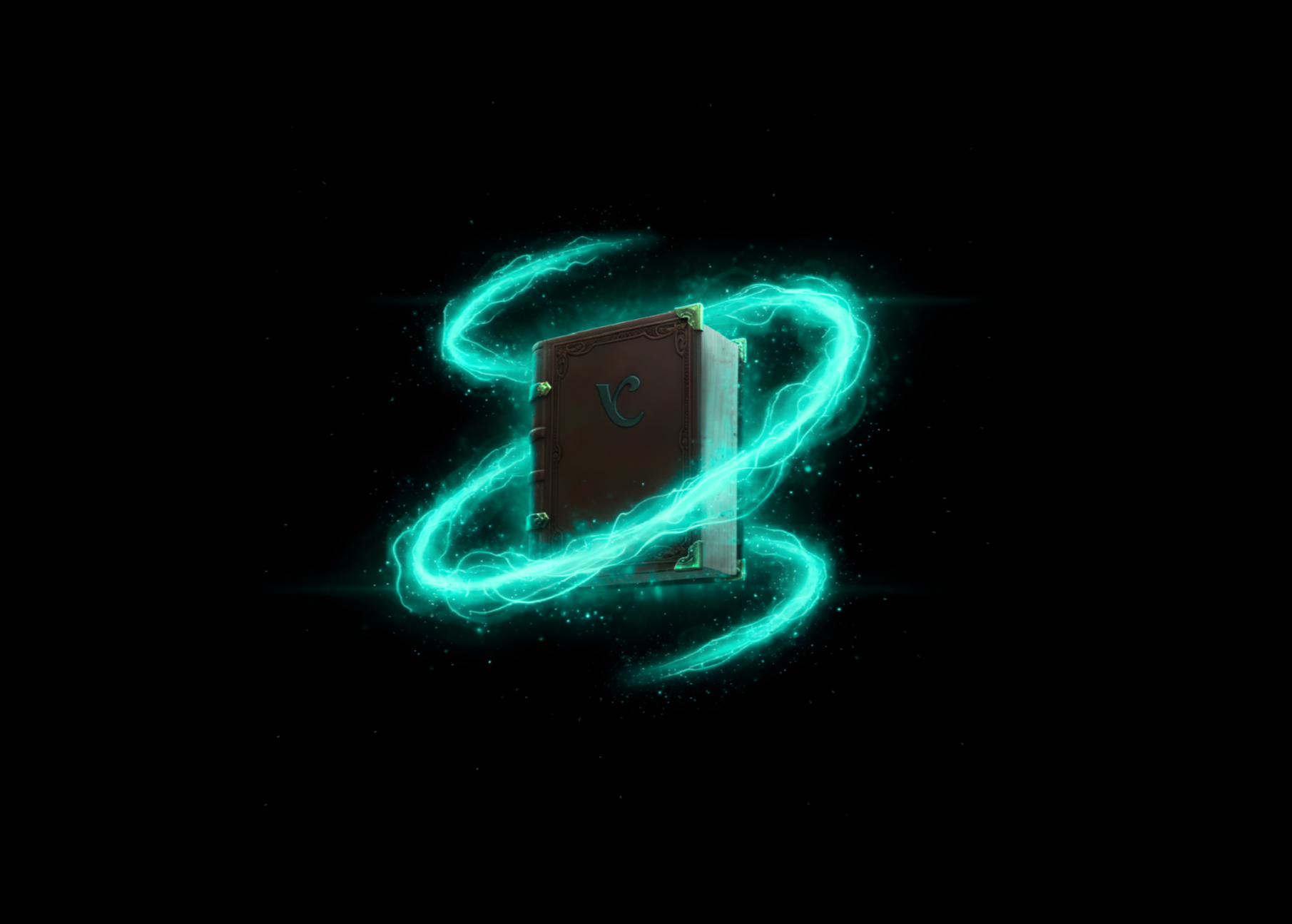 Glowing green energy effect surrounding a book on a black background
