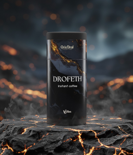 Drofeth instant coffee canister on a dark, fiery background