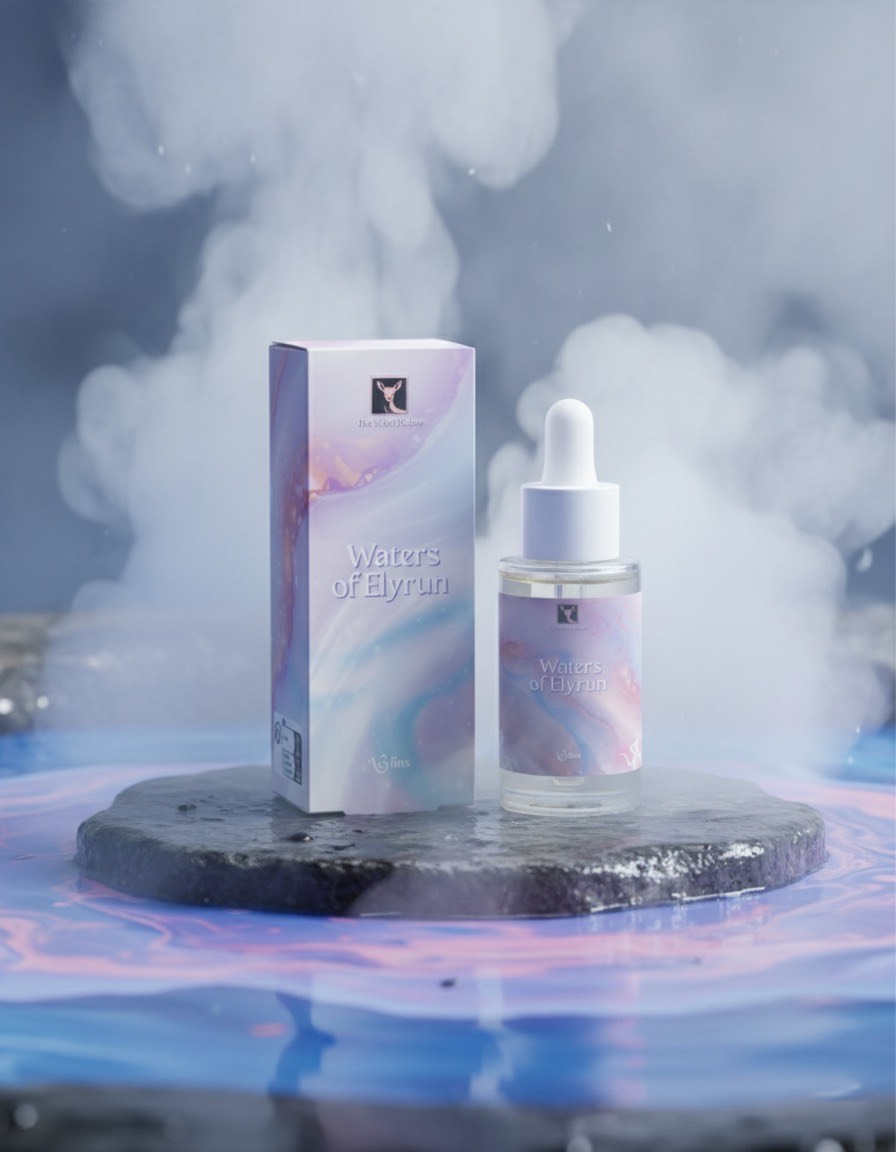 Waters of Elyrun with packaging on a dark platform with smoke effect