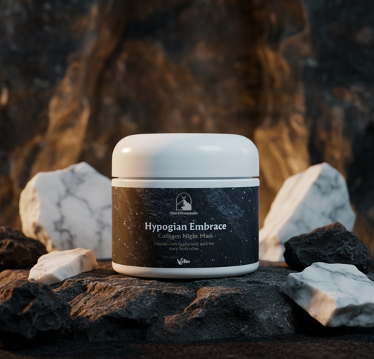 Cosmetic jar labeled 'Hypogian Embrace' on a rocky surface with a dark background