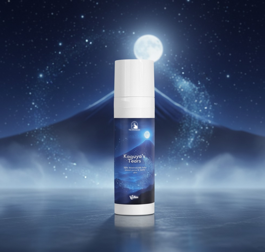 Cosmetic bottle labeled 'Kaguya's Tears' against a mystical night sky with moon and stars.