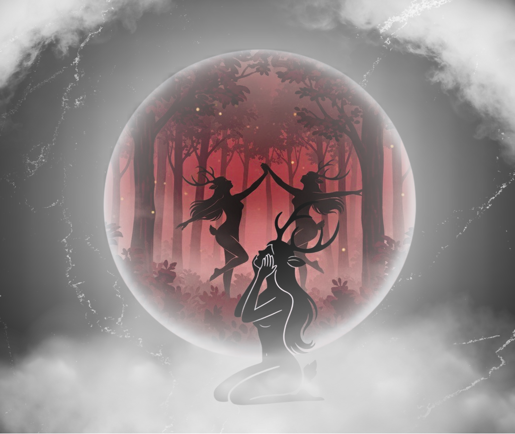 Silhouette of a deer and two people in a forest with a red moon in the background.