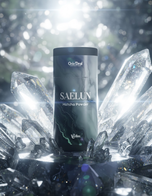 Saelun matcha powder container surrounded by crystal-like structures with a blurred light background
