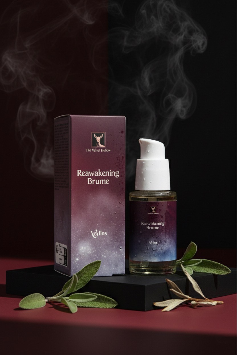 Reawakening Brume with packaging and leaves on a dark background