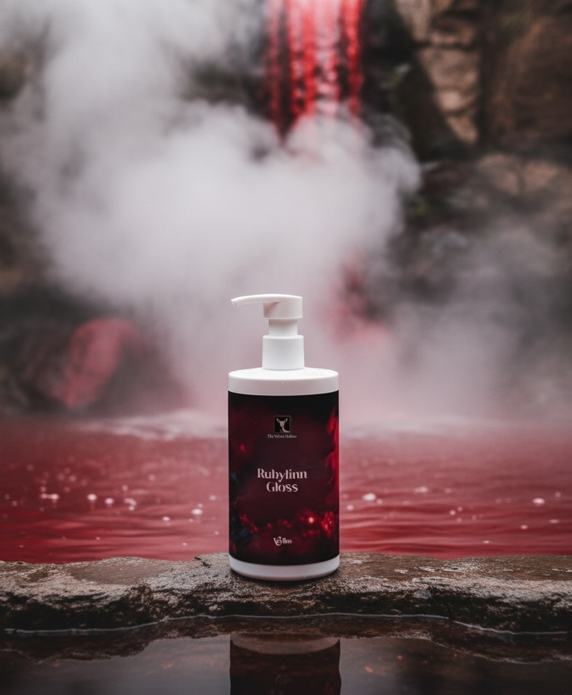 Bottle of Rubilinn Gloss product on a rock with steam in the background