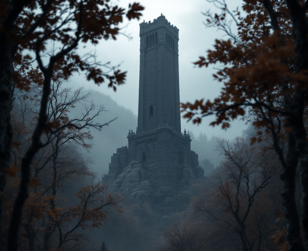 Mysterious castle tower in a foggy forest