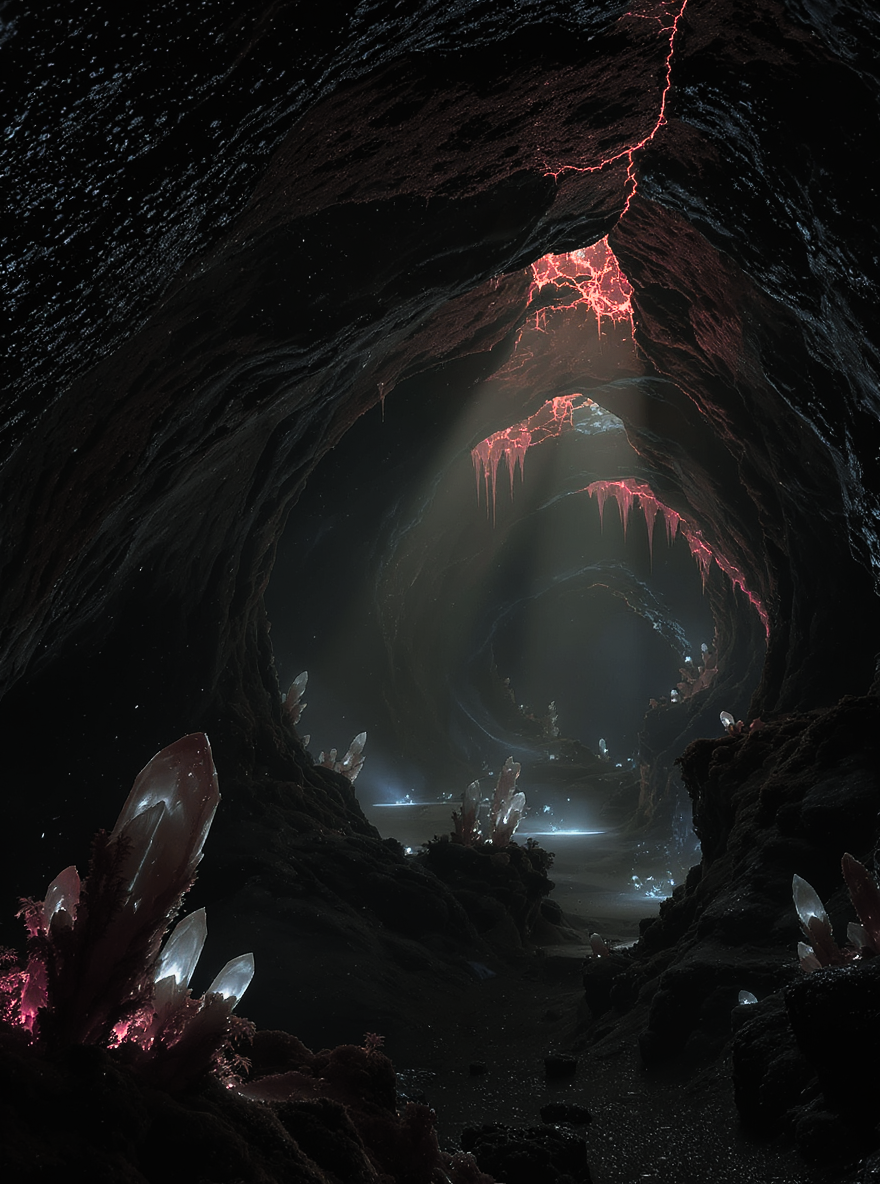 Mysterious cave with glowing crystals and a central light source