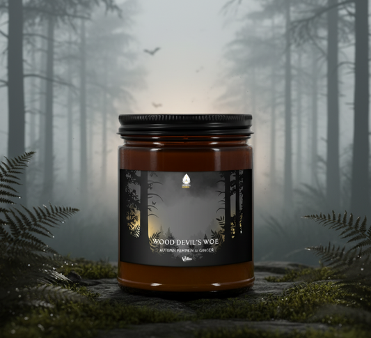 Candle labeled 'Wood Devil's Woe' in a forest setting